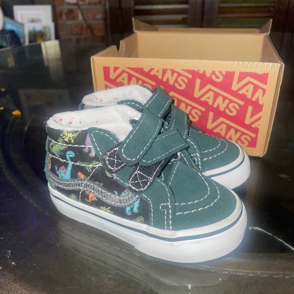 Vans Kids High-Top Sneakers - Dark Green with Dinosaur Print
